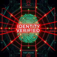 Biometric fingerprint scan with red laser grid, emerald data nodes, and glowing “Identity Verified” message on a futuristic Nexus Market security interface.